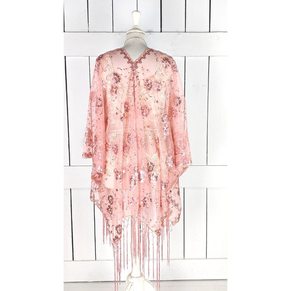 Sheer peach pink net sequin floral fringe kimono cardigan cover up jacket - Picture 4 of 7